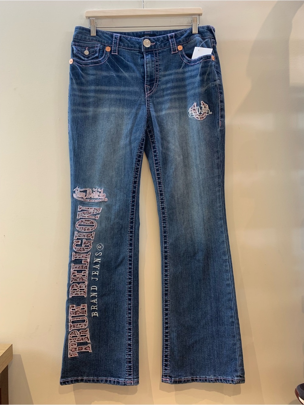 True Religion x Von Dutch Becca Mid Rise Bootcut Jeans Cheetah Pink Stitch 32